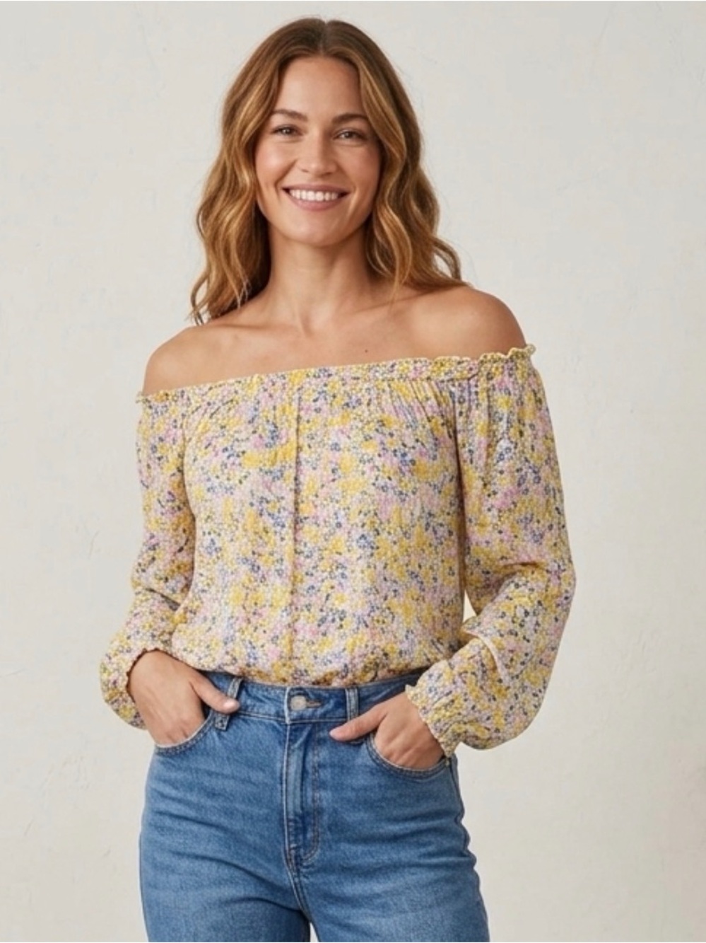 DEX Off The Shoulder Yellow Ditsy Floral Blouse with Elastic Waistband Sz M